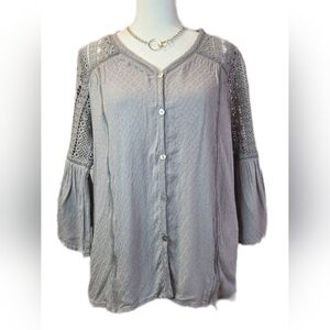 Pink Lily Gray Button Down Lace Sleeve Top